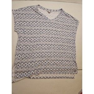 Orvis Sweater Womens Large Blue White Aztec Print Short Sleeve V-Neck T Shirt